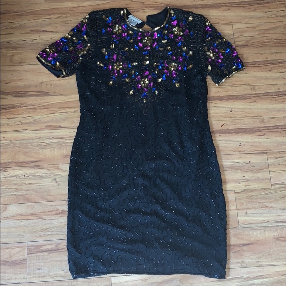 Vintage Sténay silk ornate bead sequin black dress‎
